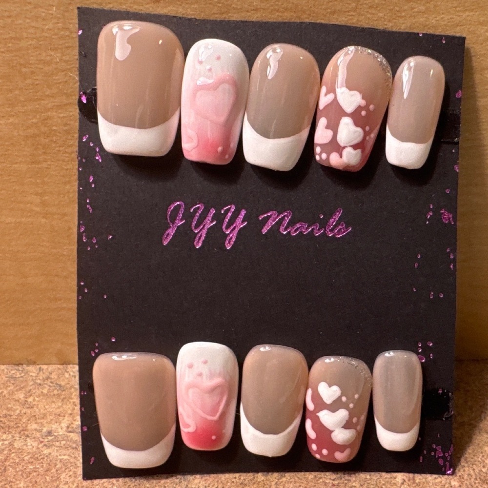 Press On Nails Taupe French‎ Tip 3D Pink White Heart Art Square Set